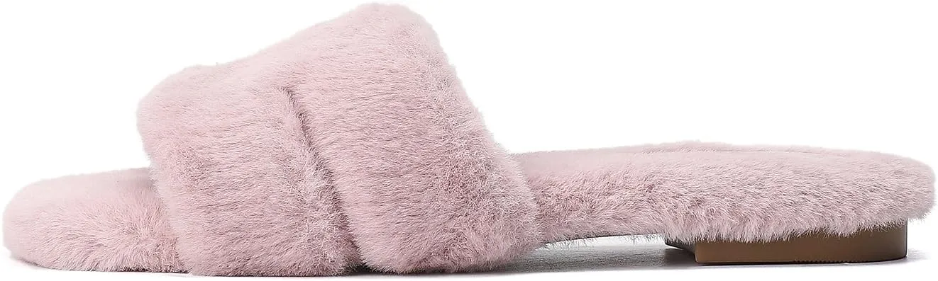 Stratuxx Kaze Womens Fur Slippers Comfy House Slide Sandals Open Toe Memory Foam Indoor Fluffy Slippers for Women