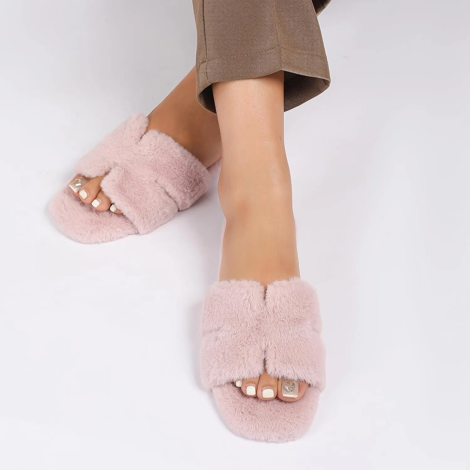 Stratuxx Kaze Womens Fur Slippers Comfy House Slide Sandals Open Toe Memory Foam Indoor Fluffy Slippers for Women