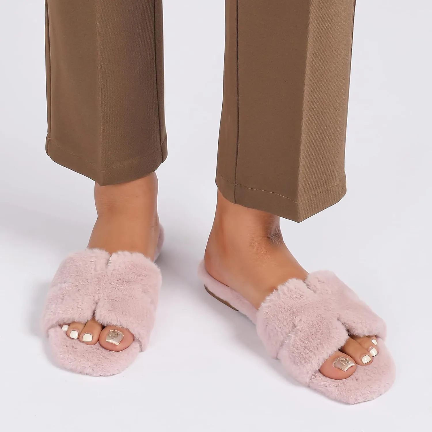 Stratuxx Kaze Womens Fur Slippers Comfy House Slide Sandals Open Toe Memory Foam Indoor Fluffy Slippers for Women