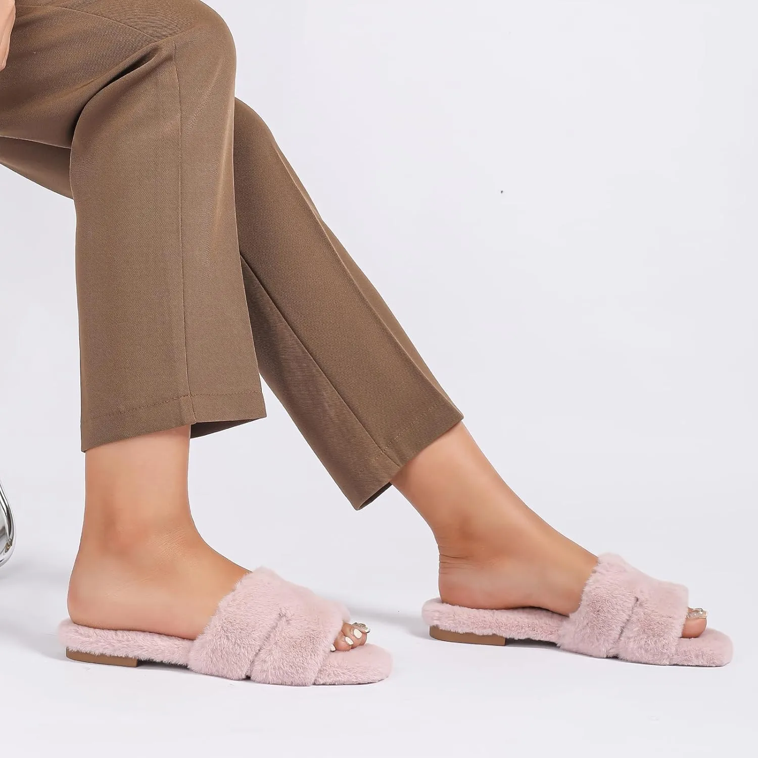 Stratuxx Kaze Womens Fur Slippers Comfy House Slide Sandals Open Toe Memory Foam Indoor Fluffy Slippers for Women