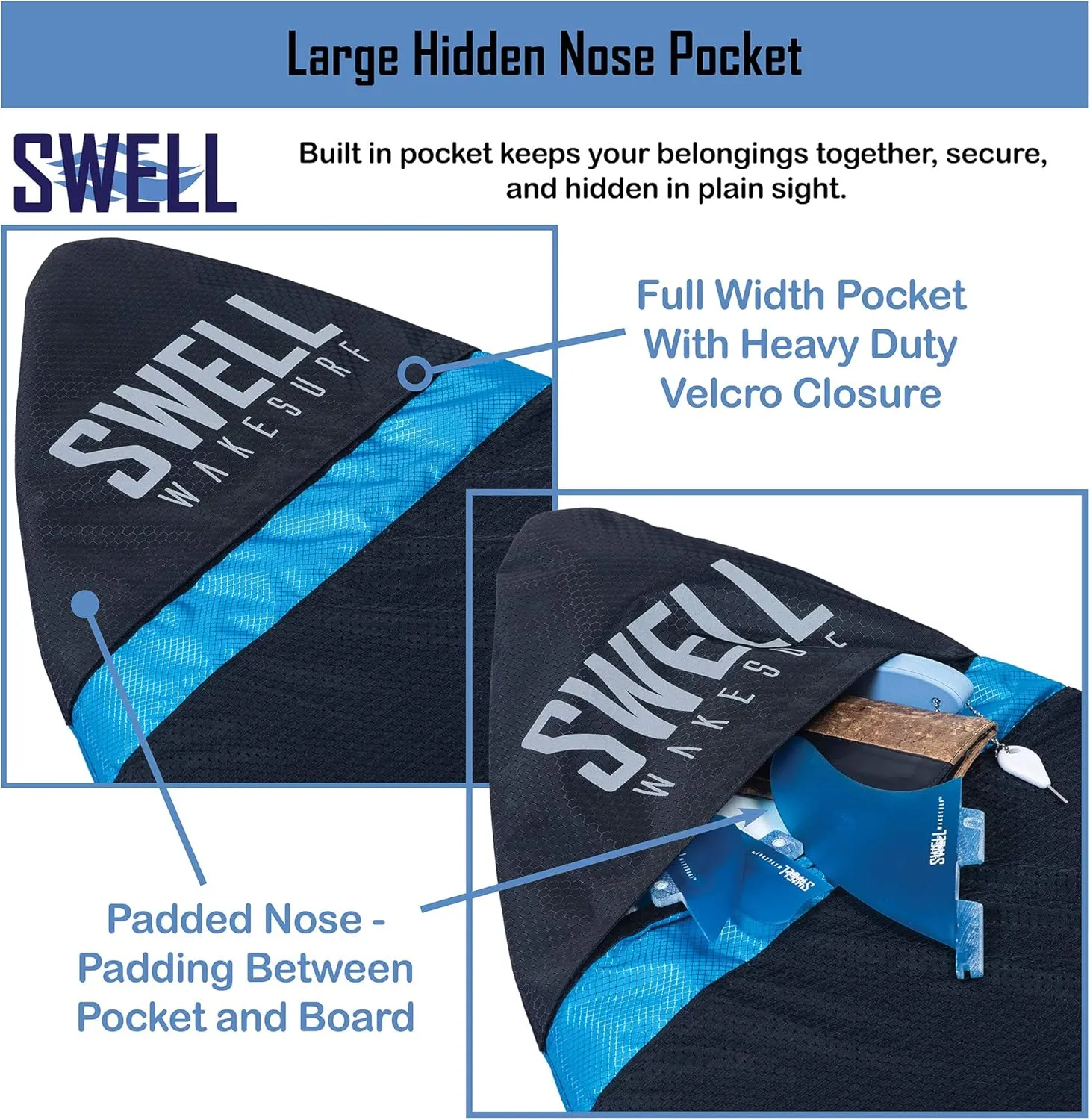 SWELL Wakesurf - Adjustable Length Wakesurf Board Sock with Padded Nose and Pocket - Wakeboard Cover - One Size Fits All Surfboard Bag