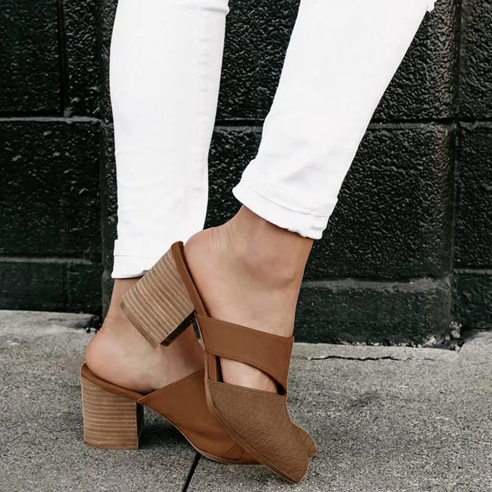 Syktkmx Women's Cutout Backless Mules Slip On Closed Toe Chunky Stacked Heeled Sandals
