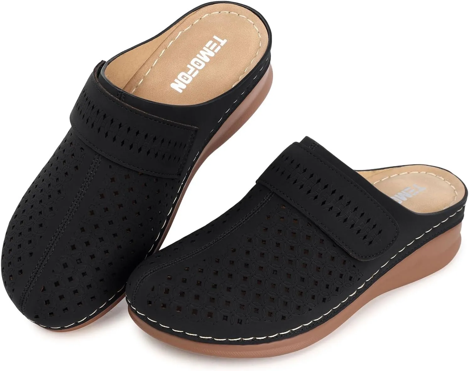 TEMOFON Clogs for Women Mules Shoes: Comfortable Arch Support Closed Toe Sandals Backless Low Wedge Slip on Shoes