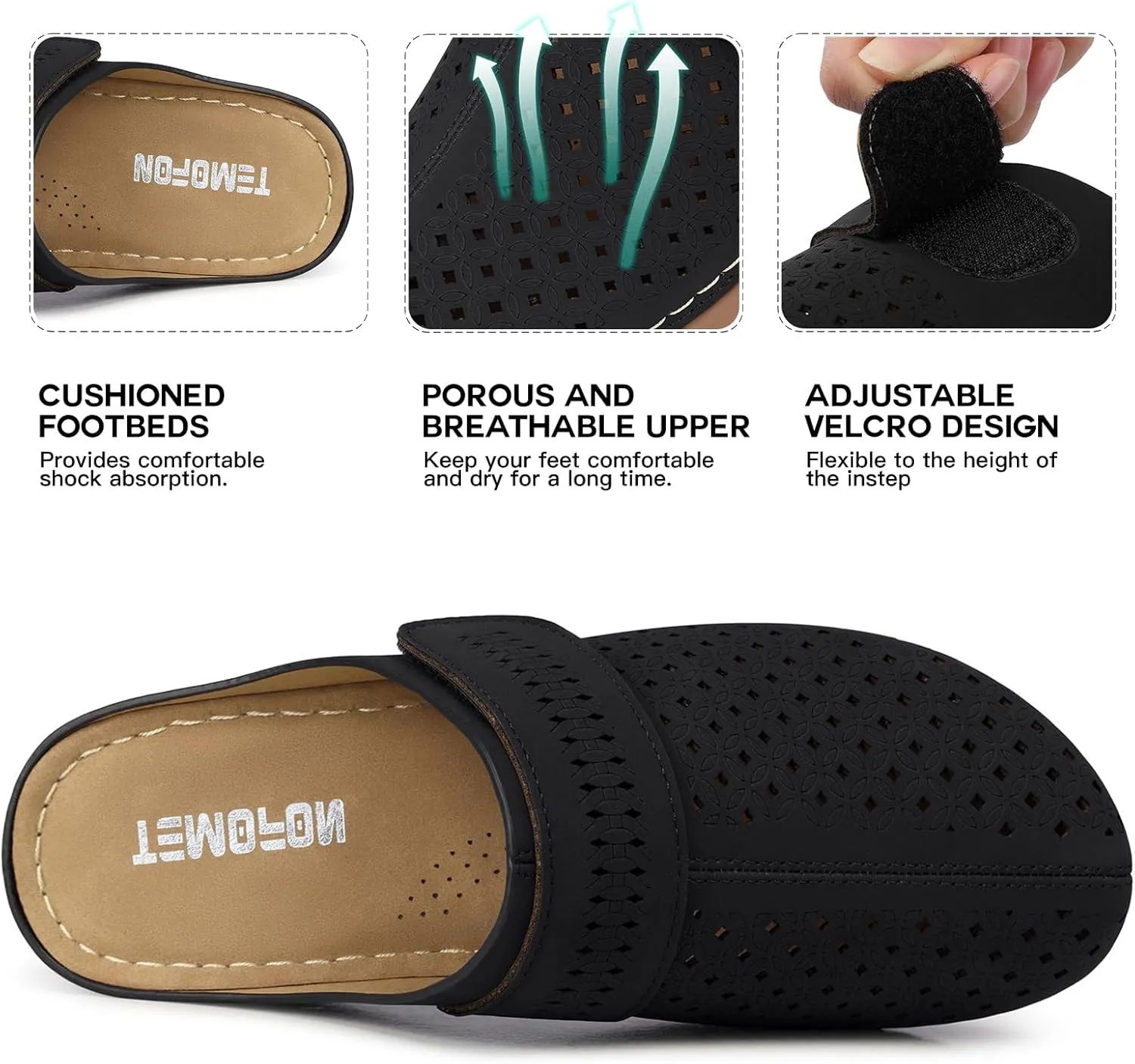TEMOFON Clogs for Women Mules Shoes: Comfortable Arch Support Closed Toe Sandals Backless Low Wedge Slip on Shoes