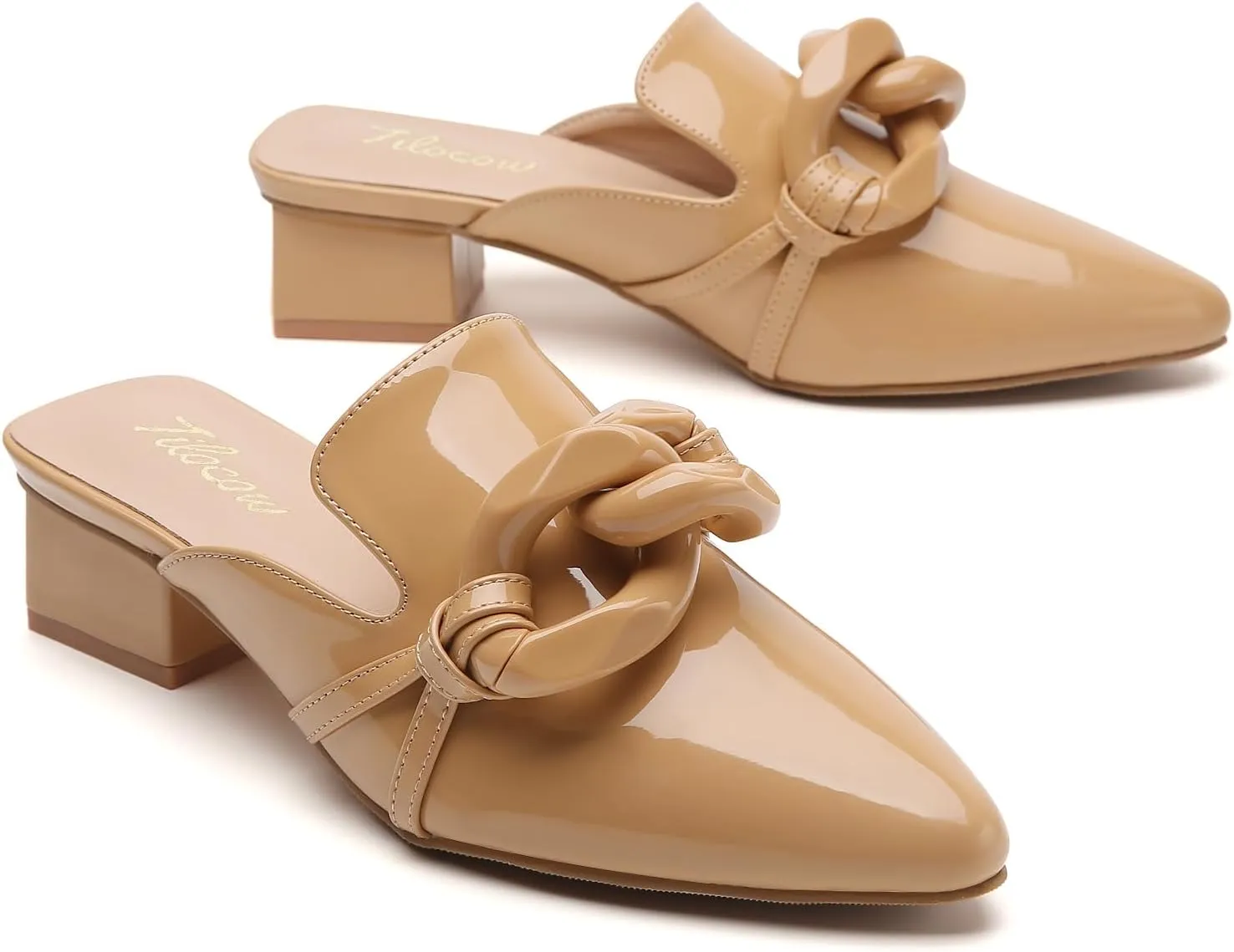 Tilocow Chain Decor Mules Heels for Women Pointed Toe Heeled Sandals Women Chunky Heel Mules Womens Slide Shoes