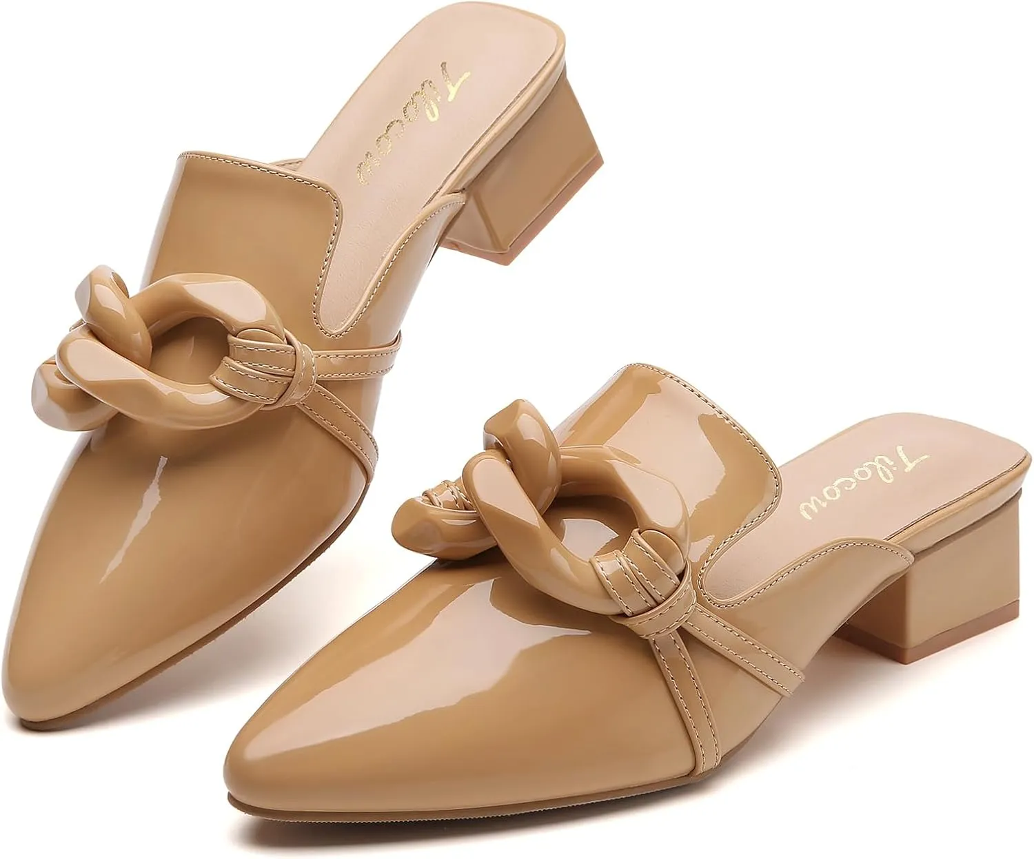 Tilocow Chain Decor Mules Heels for Women Pointed Toe Heeled Sandals Women Chunky Heel Mules Womens Slide Shoes