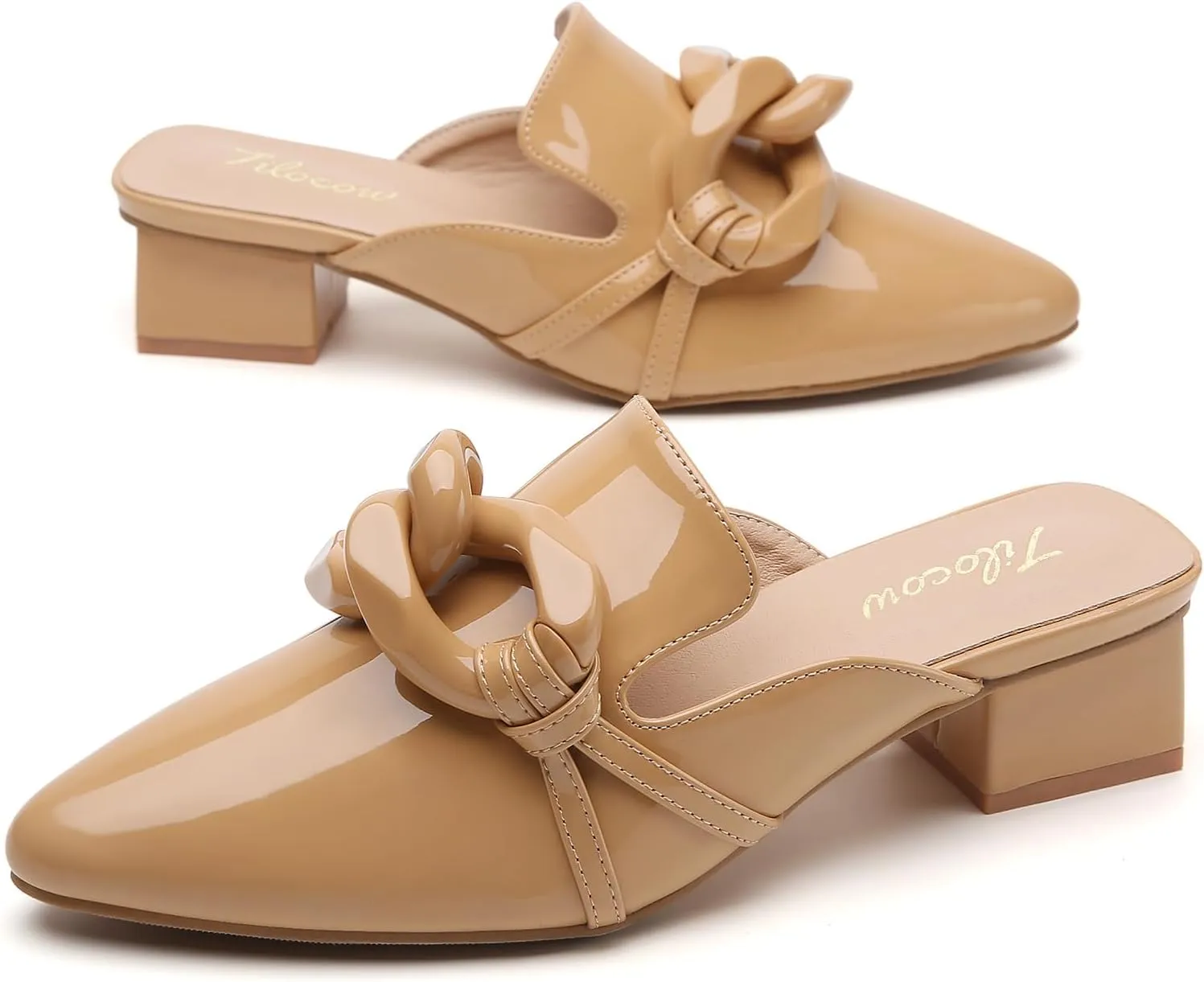 Tilocow Chain Decor Mules Heels for Women Pointed Toe Heeled Sandals Women Chunky Heel Mules Womens Slide Shoes