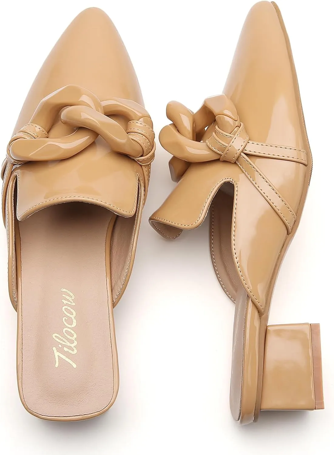 Tilocow Chain Decor Mules Heels for Women Pointed Toe Heeled Sandals Women Chunky Heel Mules Womens Slide Shoes