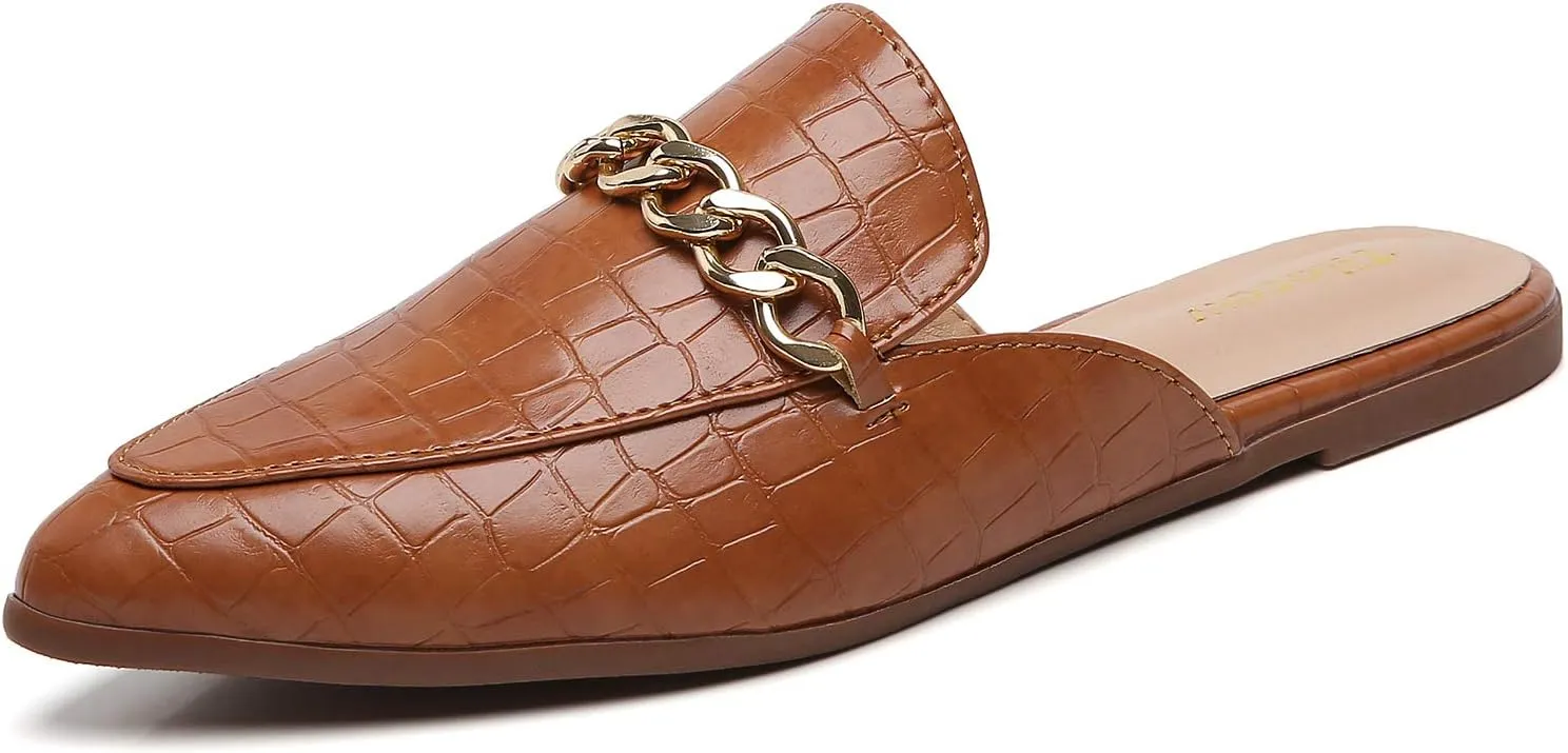 Tilocow Chain Mules for Women Round Toe Backless Flat Mules Comfortable Slides Mules Shoes Ladies Slip-on Loafers