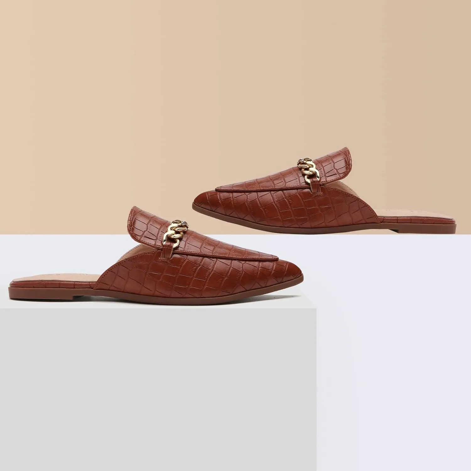 Tilocow Chain Mules for Women Round Toe Backless Flat Mules Comfortable Slides Mules Shoes Ladies Slip-on Loafers