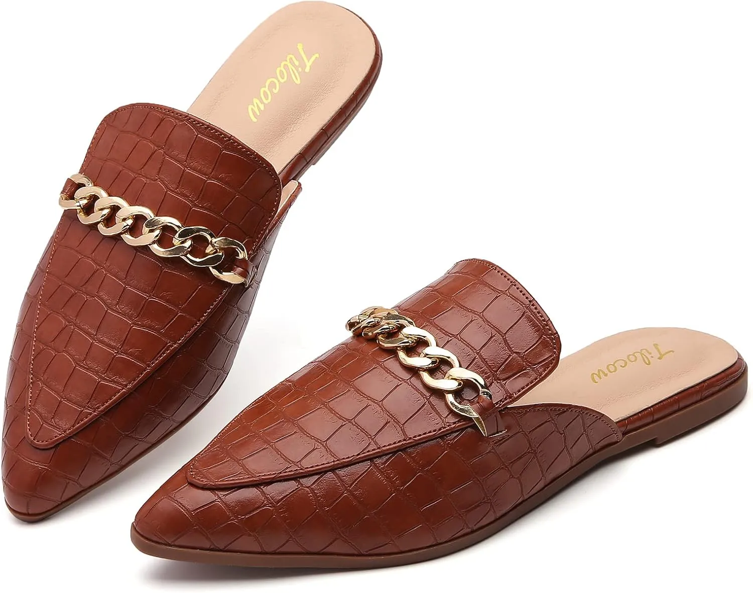 Tilocow Chain Mules for Women Round Toe Backless Flat Mules Comfortable Slides Mules Shoes Ladies Slip-on Loafers