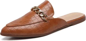Tilocow Chain Mules for Women Round Toe Backless Flat Mules Comfortable Slides Mules Shoes Ladies Slip-on Loafers