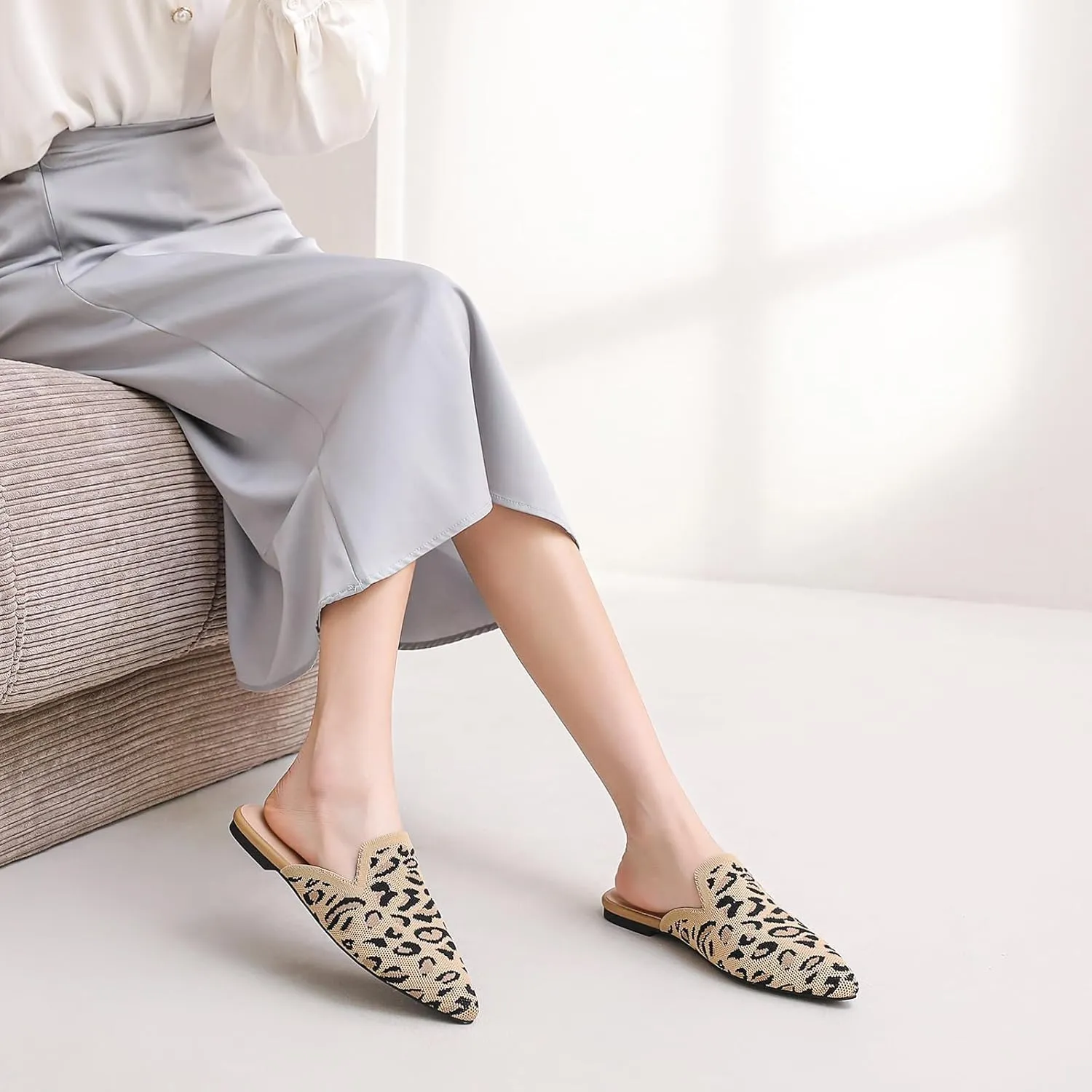Tilocow Knit Mules for Women Flats Pointed Toe Mesh Ballet Flat Womens Slip On Slides Walking Shoes