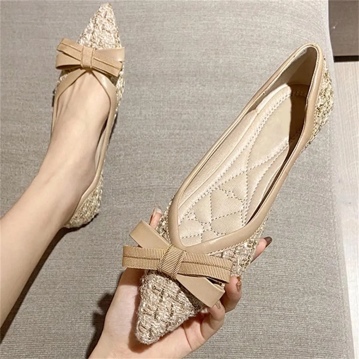 TN TANGNEST Women's Bow Flats Elegant Plaid Pointed Toe Ballet Shoes Slip on Flat Shoes