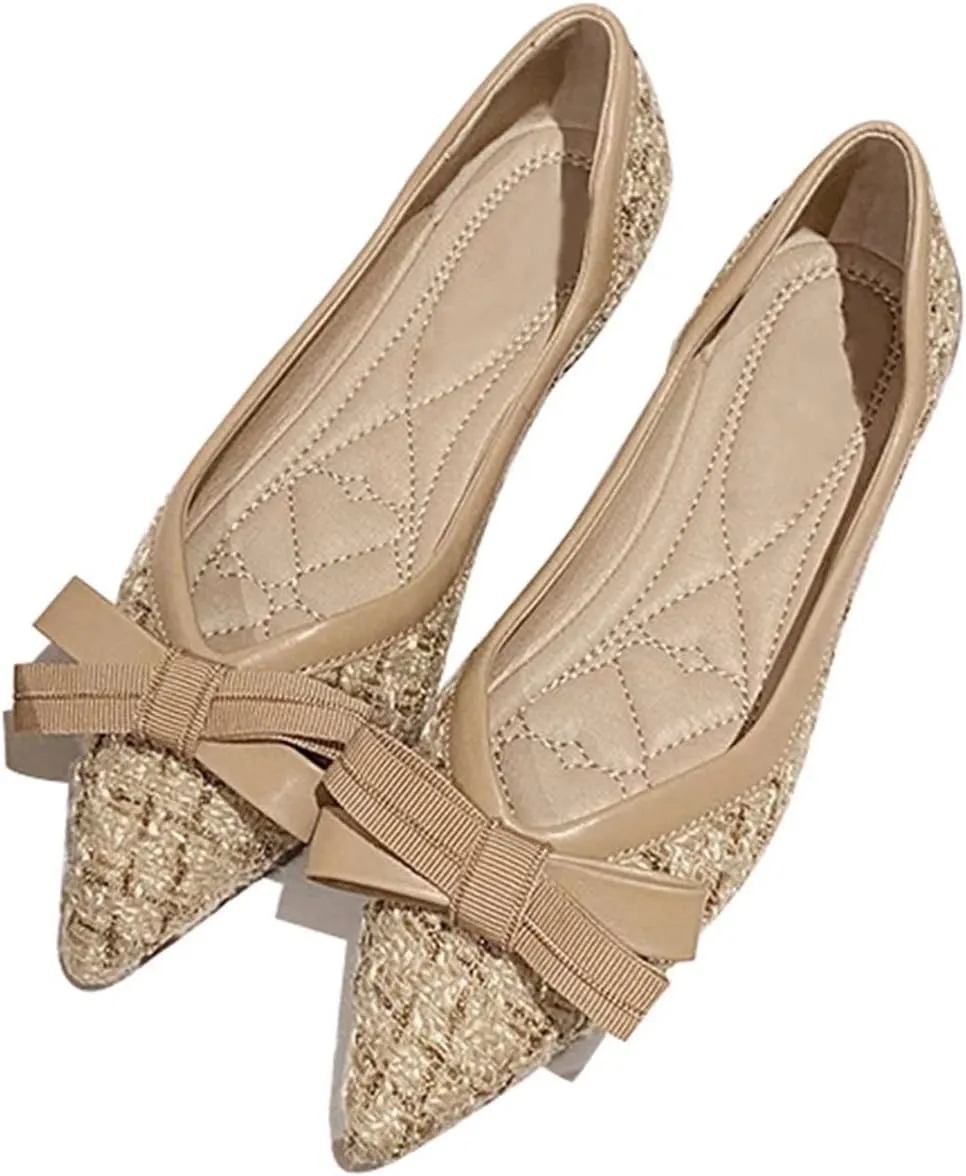 TN TANGNEST Women's Bow Flats Elegant Plaid Pointed Toe Ballet Shoes Slip on Flat Shoes