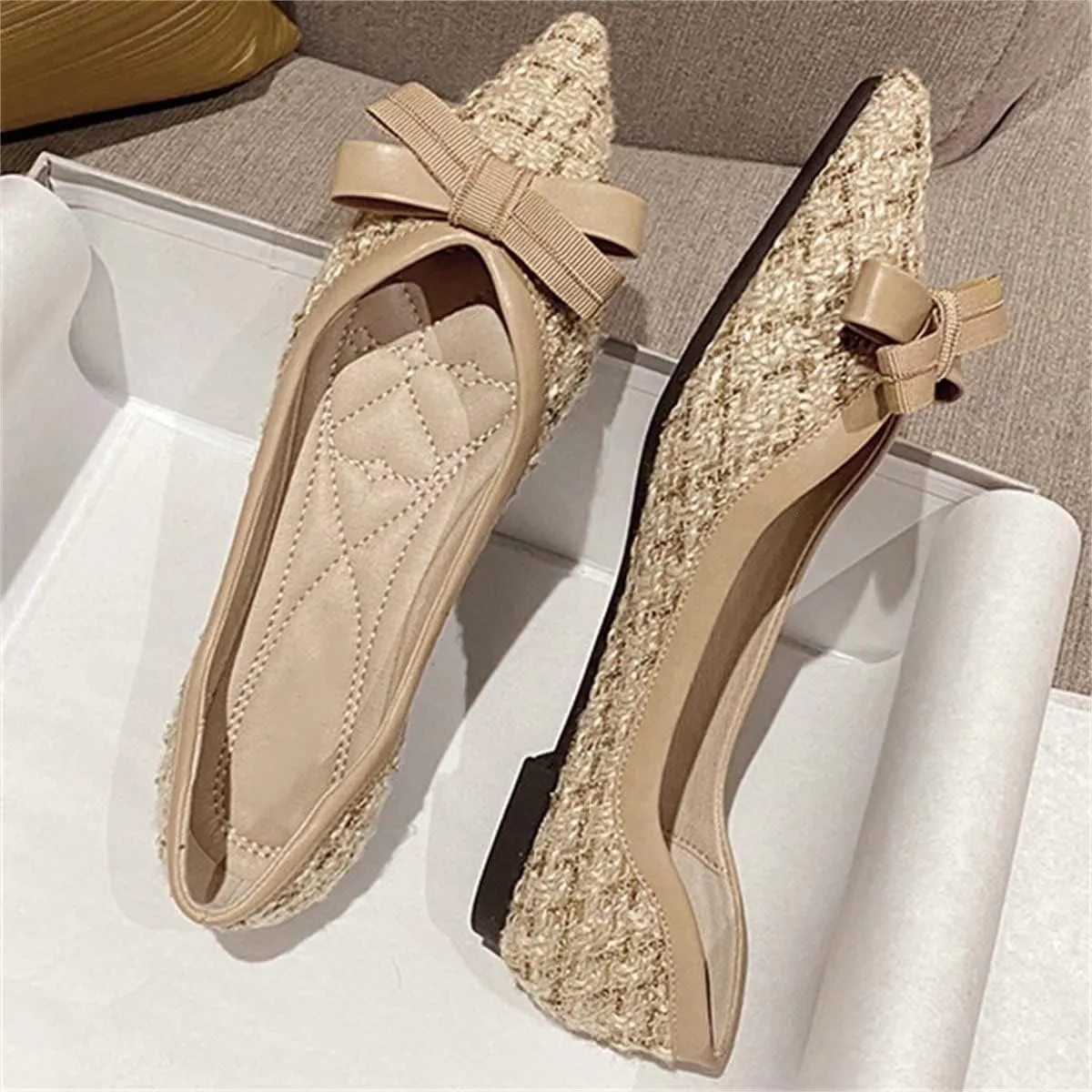 TN TANGNEST Women's Bow Flats Elegant Plaid Pointed Toe Ballet Shoes Slip on Flat Shoes