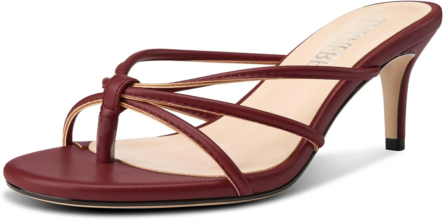 TNYNFBEB Women's Round Toe Flip Flop Strappy Mule Heels Slip-on Kitten Heel Thong Sandals Summer Dress Shoes 2.6 Inches