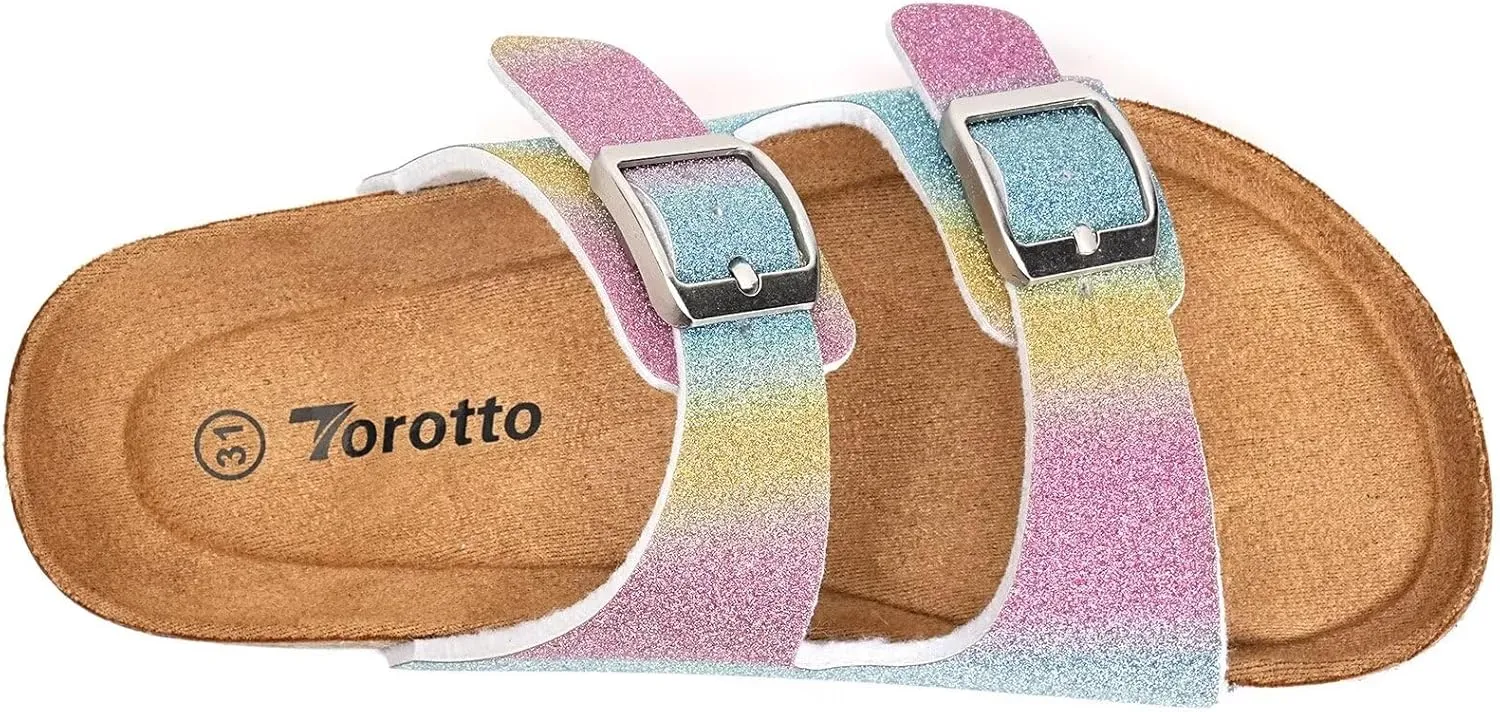 Torotto Kids Sandals Boys Girls Slide Summer Non-slip Cork Glitter Toddler Slippers with Adjustable Straps for Indoor & Outdoor