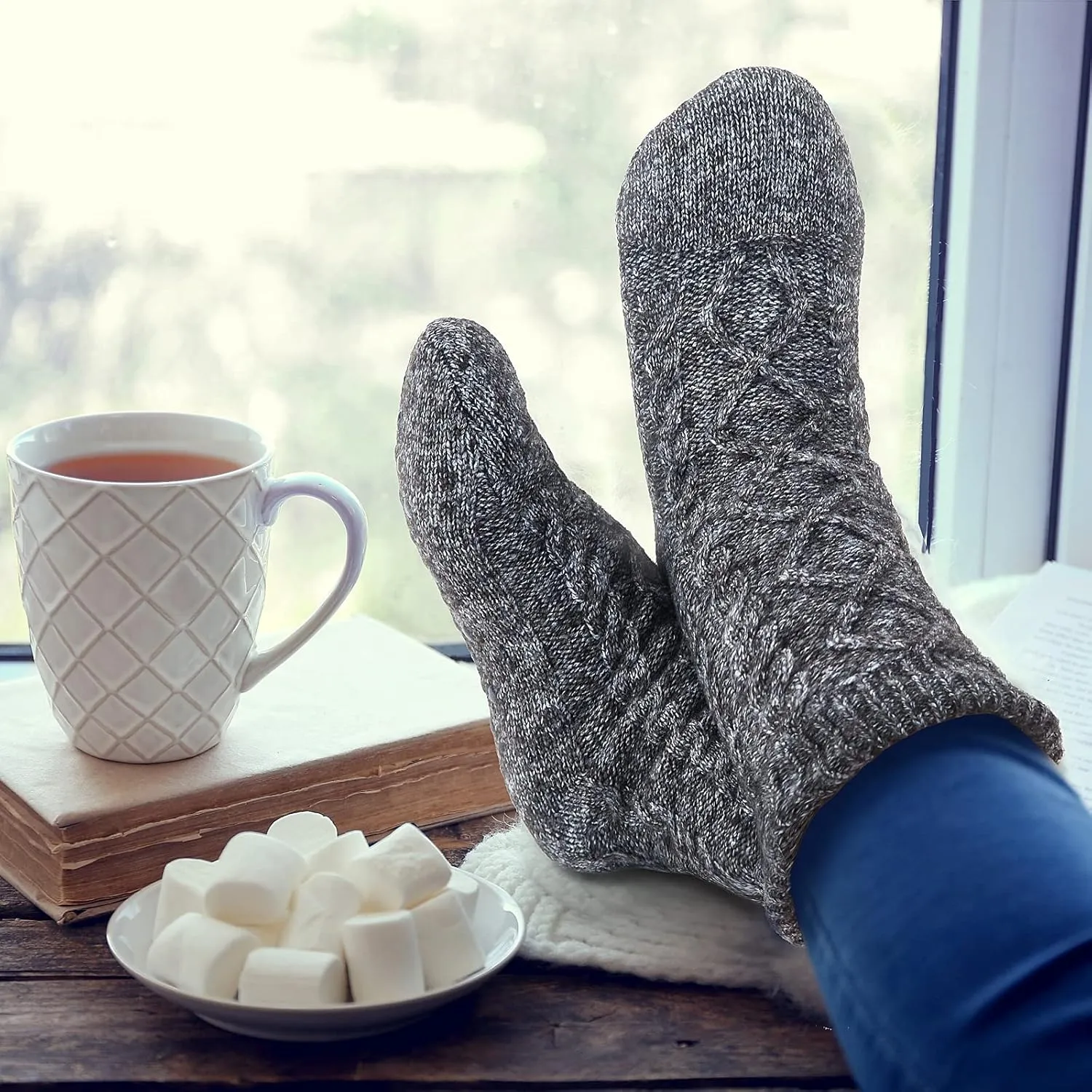 Tough Land Slipper Socks for Women with Grippers Non Slip, Sherpa Lined Slipper Socks