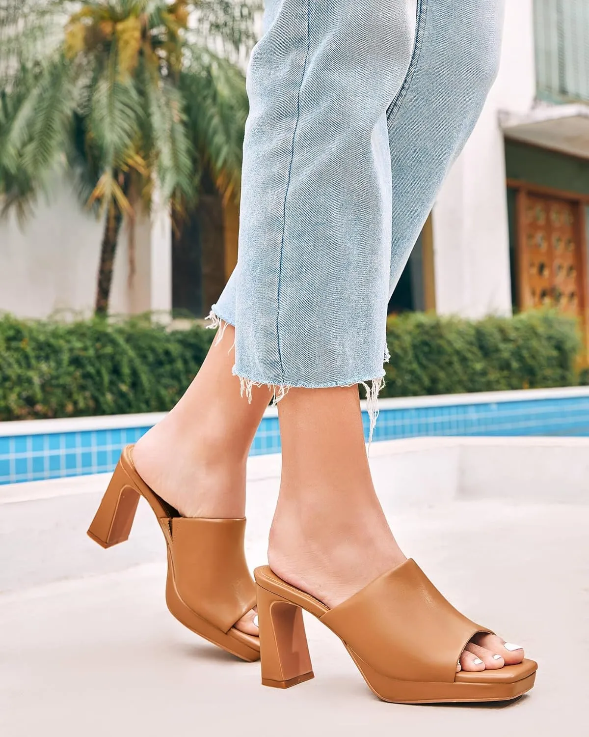 Trish Lucia Womens Platform Chunky Heels Mules Square Open Toe High Heeled Sandals Slip On Slides Dress Shoes