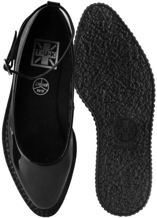 T.U.K. Shoes Black Hologram Pointed Ballet Ankle Strap Creeper Sneaker Flats for Women