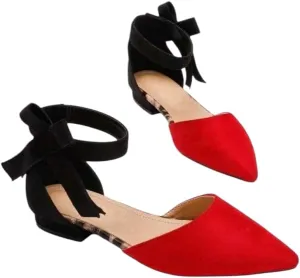 Two Tone Point Toe Ankle Strap Flats, Red and Black,size 41