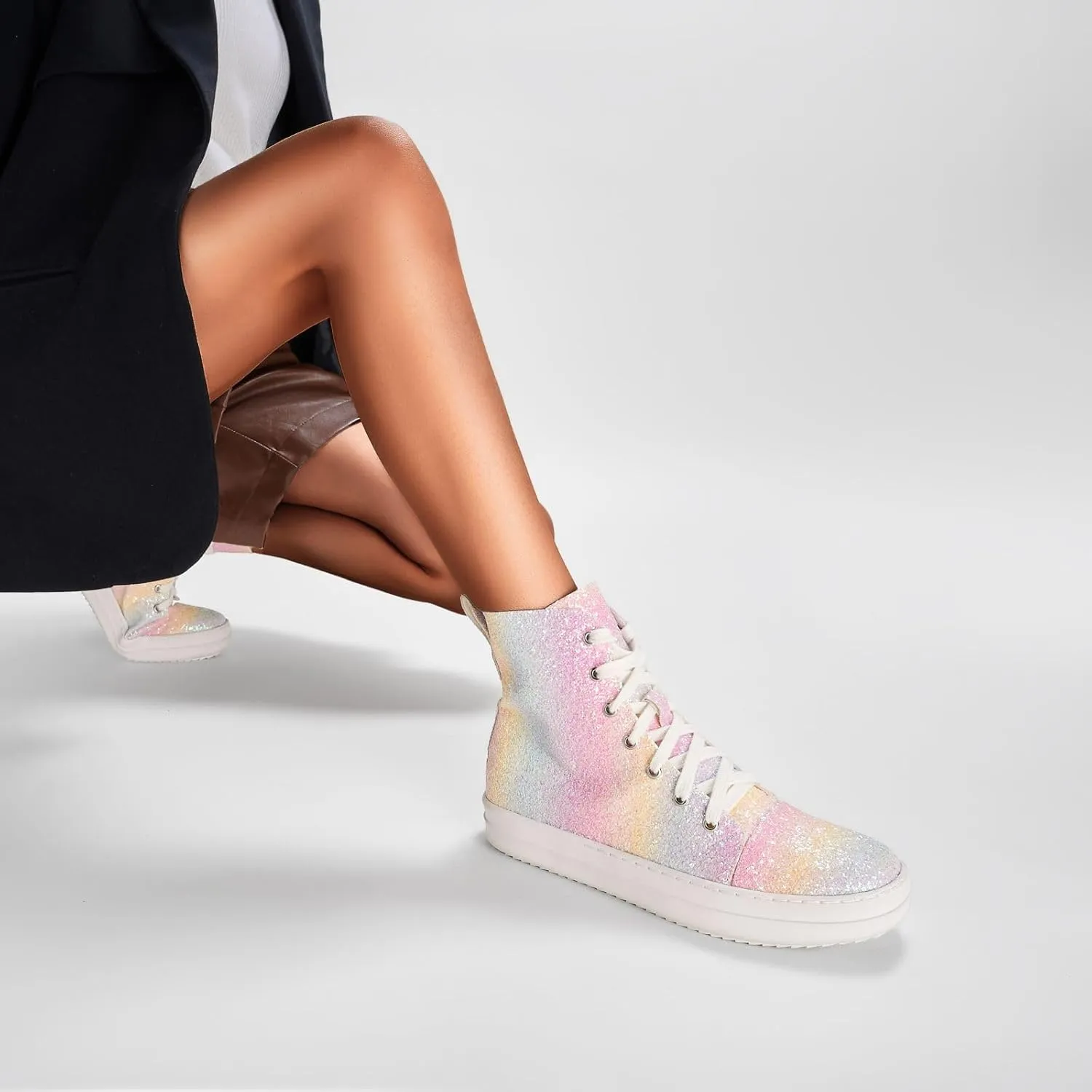 UBWDU Women's High Top Glitter Tennis Sneaker Platform Sneaker with Zipper Rhinestone Bling Wedding Bridal Shoes Shiny Sequin Shoes