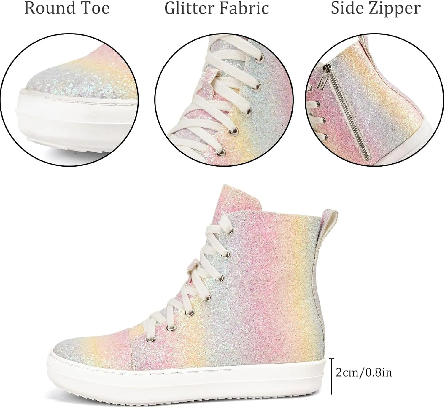 UBWDU Women's High Top Glitter Tennis Sneaker Platform Sneaker with Zipper Rhinestone Bling Wedding Bridal Shoes Shiny Sequin Shoes