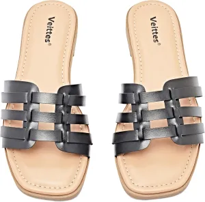 Veittes Women's Flat Slide Sandals - Casual Classic Simple Strappy Slip on Flat Summer Sandals.
