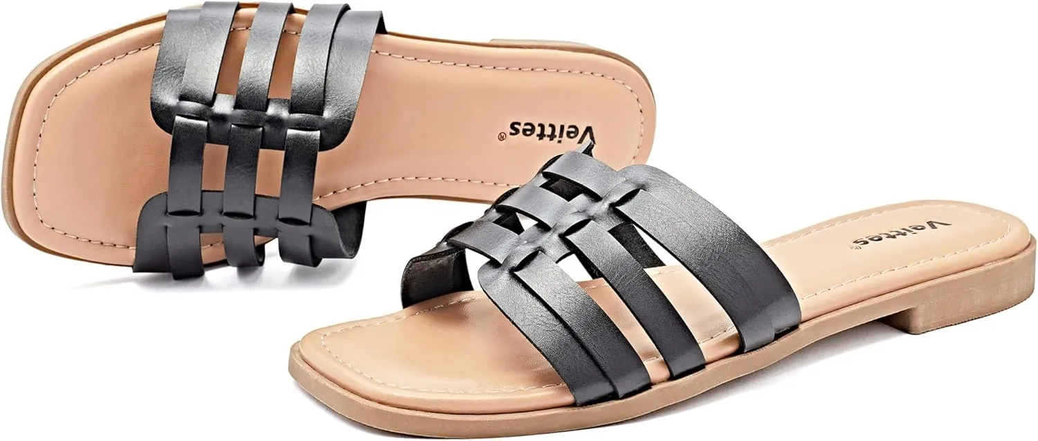Veittes Women's Flat Slide Sandals - Casual Classic Simple Strappy Slip on Flat Summer Sandals.