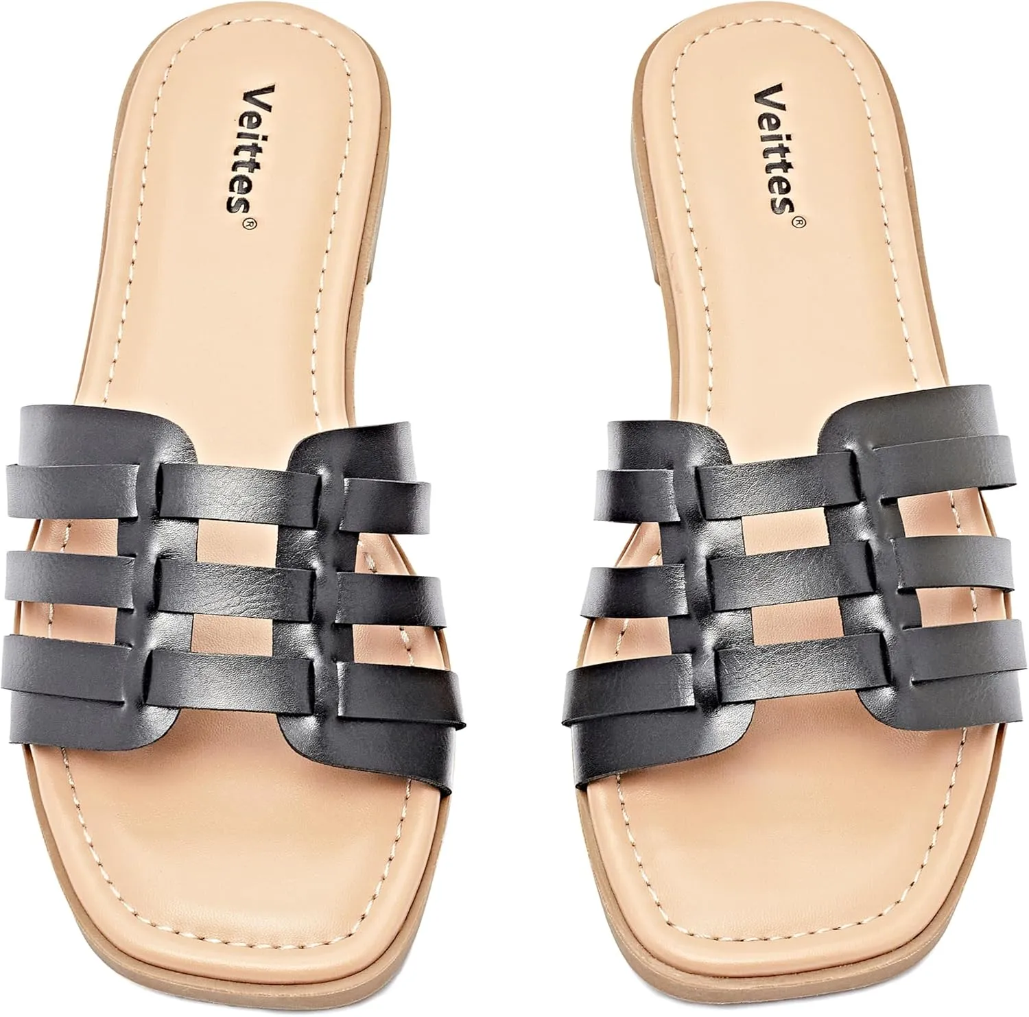 Veittes Women's Flat Slide Sandals - Casual Classic Simple Strappy Slip on Flat Summer Sandals.