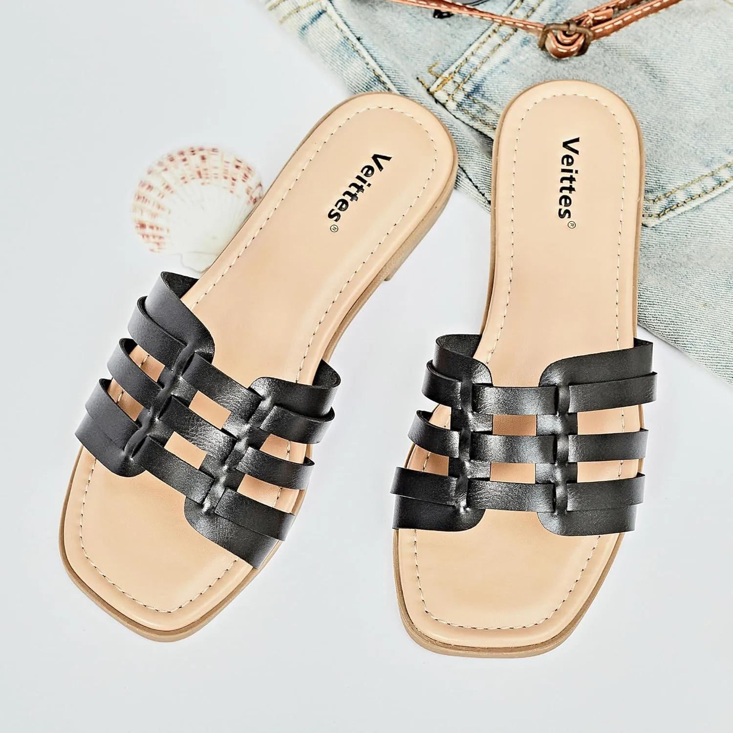 Veittes Women's Flat Slide Sandals - Casual Classic Simple Strappy Slip on Flat Summer Sandals.