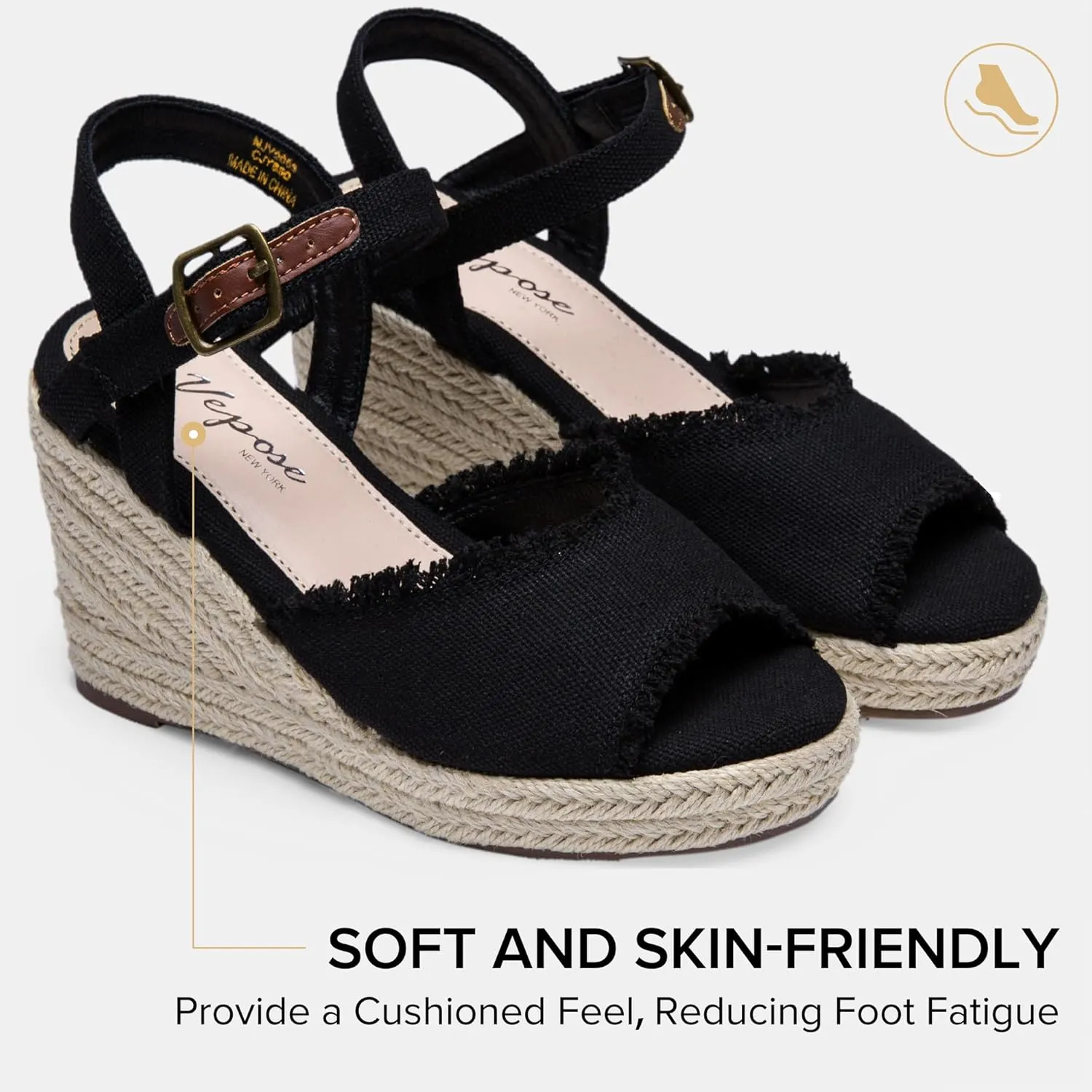 Vepose Women's 880 Wedge Sandals Peep Toe, 3.3" Inch High Heel Platform Espadrilles Sandals with Ankle Buckle