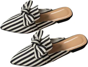 Verdusa Women's Bow Striped Pointed Toe Mule Shoes PU Leather Backless Slip on Slide Flats