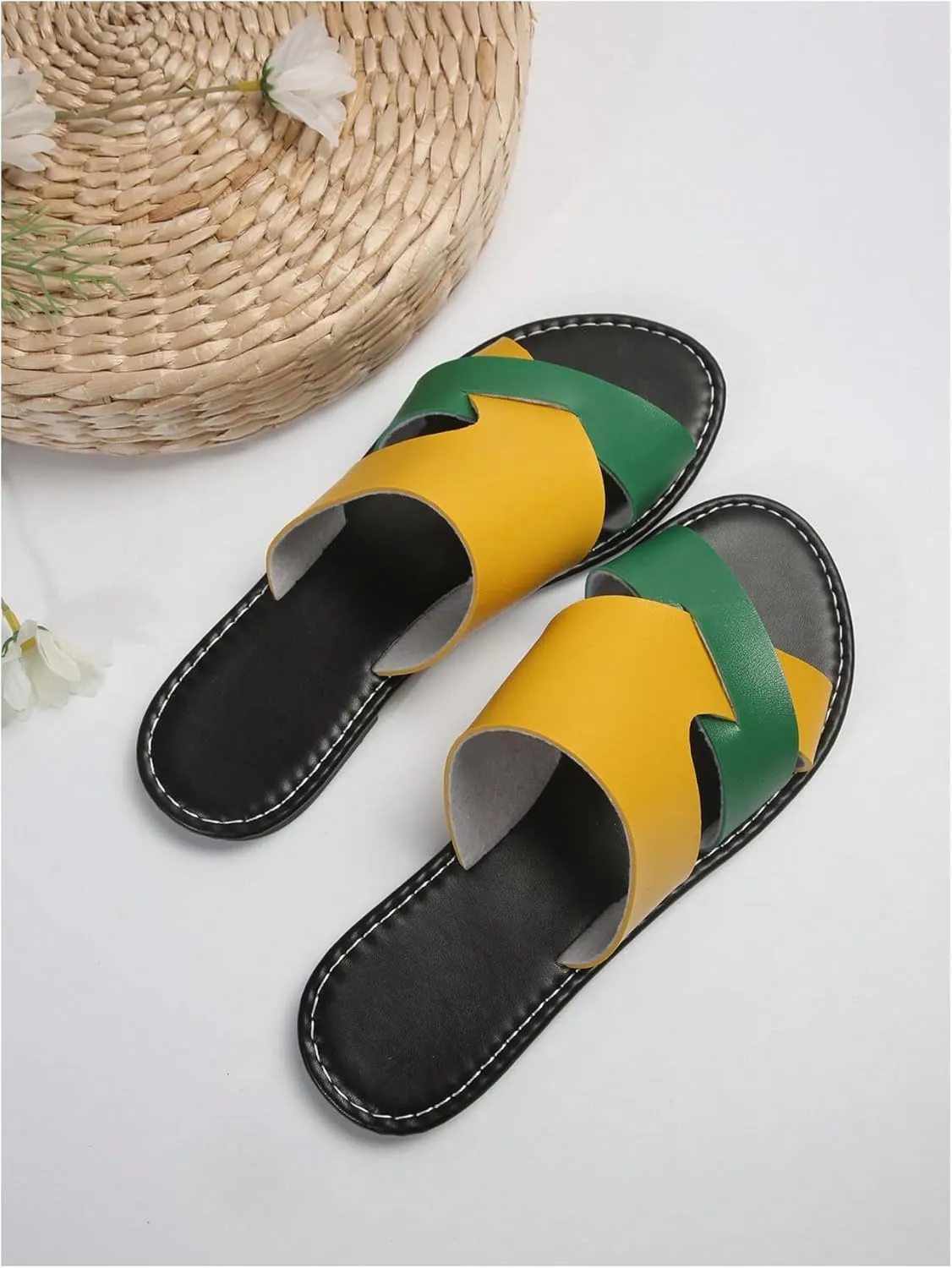 Verdusa Women's Color Block Flat Leather Sandals Open Toe Vacation Slip on Slides