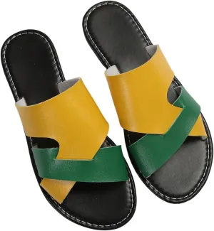 Verdusa Women's Color Block Flat Leather Sandals Open Toe Vacation Slip on Slides