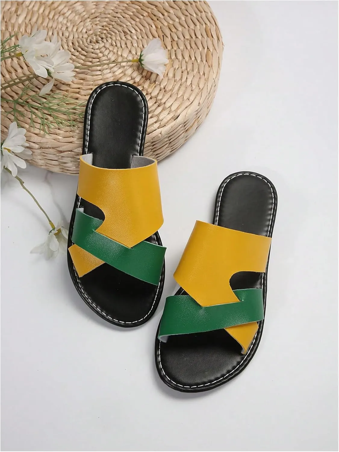 Verdusa Women's Color Block Flat Leather Sandals Open Toe Vacation Slip on Slides