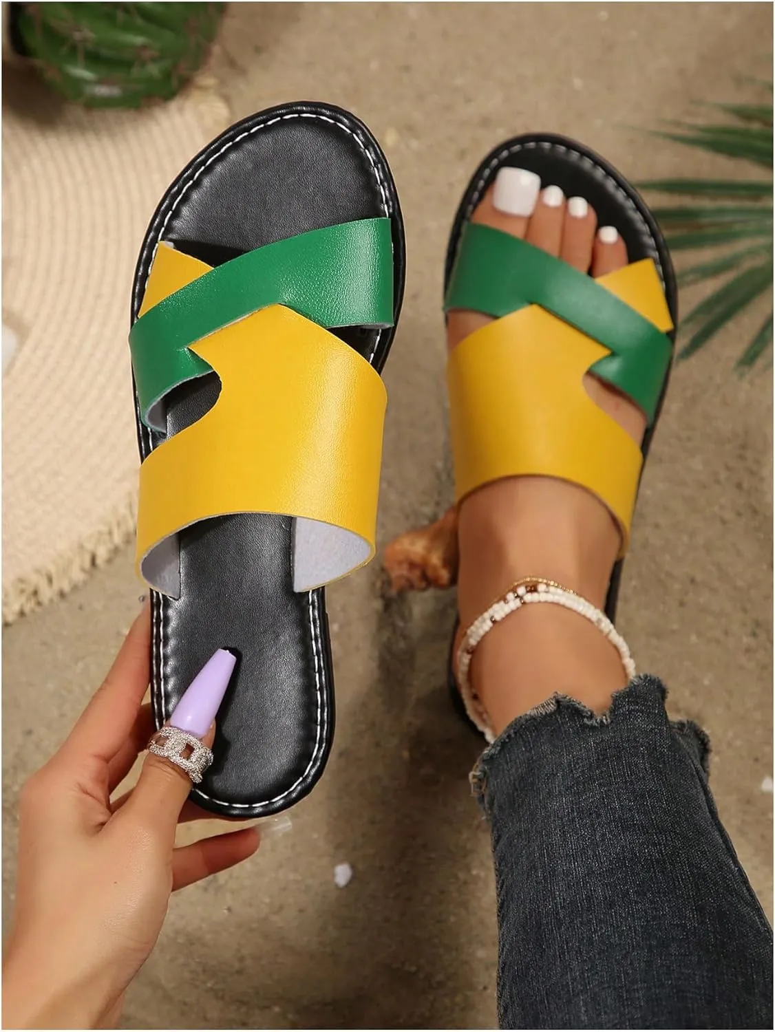Verdusa Women's Color Block Flat Leather Sandals Open Toe Vacation Slip on Slides