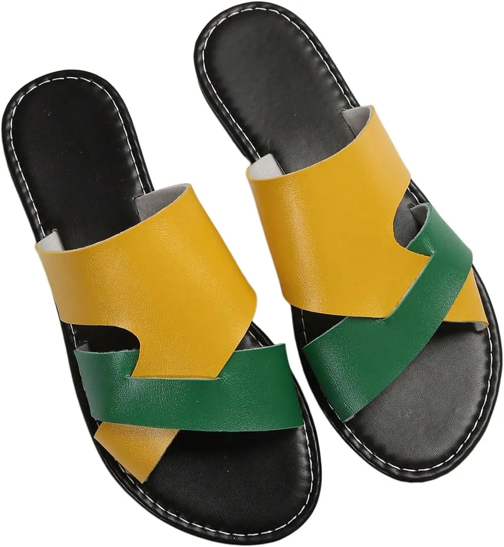 Verdusa Women's Color Block Flat Leather Sandals Open Toe Vacation Slip on Slides
