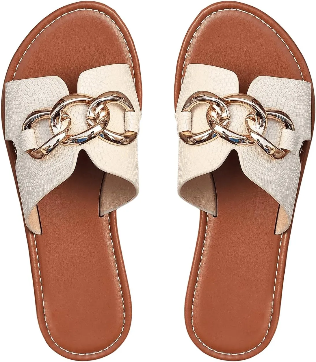 Verdusa Women's Open Toe Chain Flat Sandals Faux Leather Summer Slippers Slip on Slides