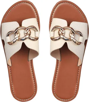 Verdusa Women's Open Toe Chain Flat Sandals Faux Leather Summer Slippers Slip on Slides