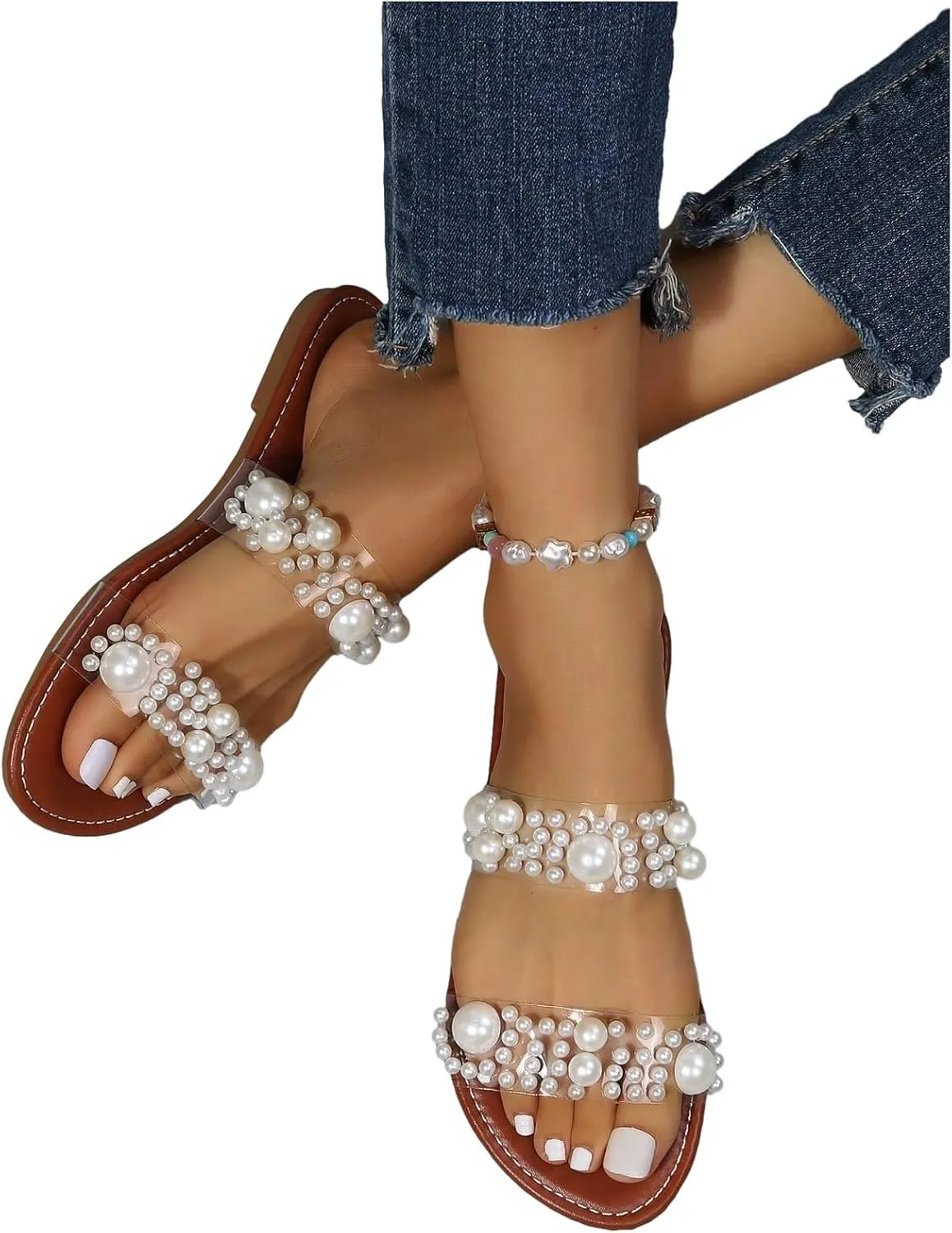 Verdusa Women's Pearls Clear Flat Sandals Open Toe Slip On Slides