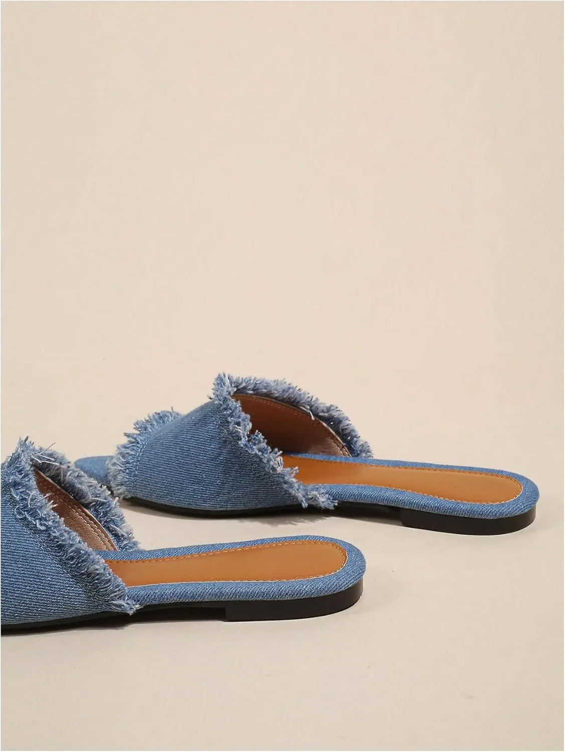 Verdusa Women's Pointed Toe Denim Flat Sandals Open Toess Slip On Summer Flats