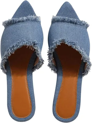 Verdusa Women's Pointed Toe Denim Flat Sandals Open Toess Slip On Summer Flats