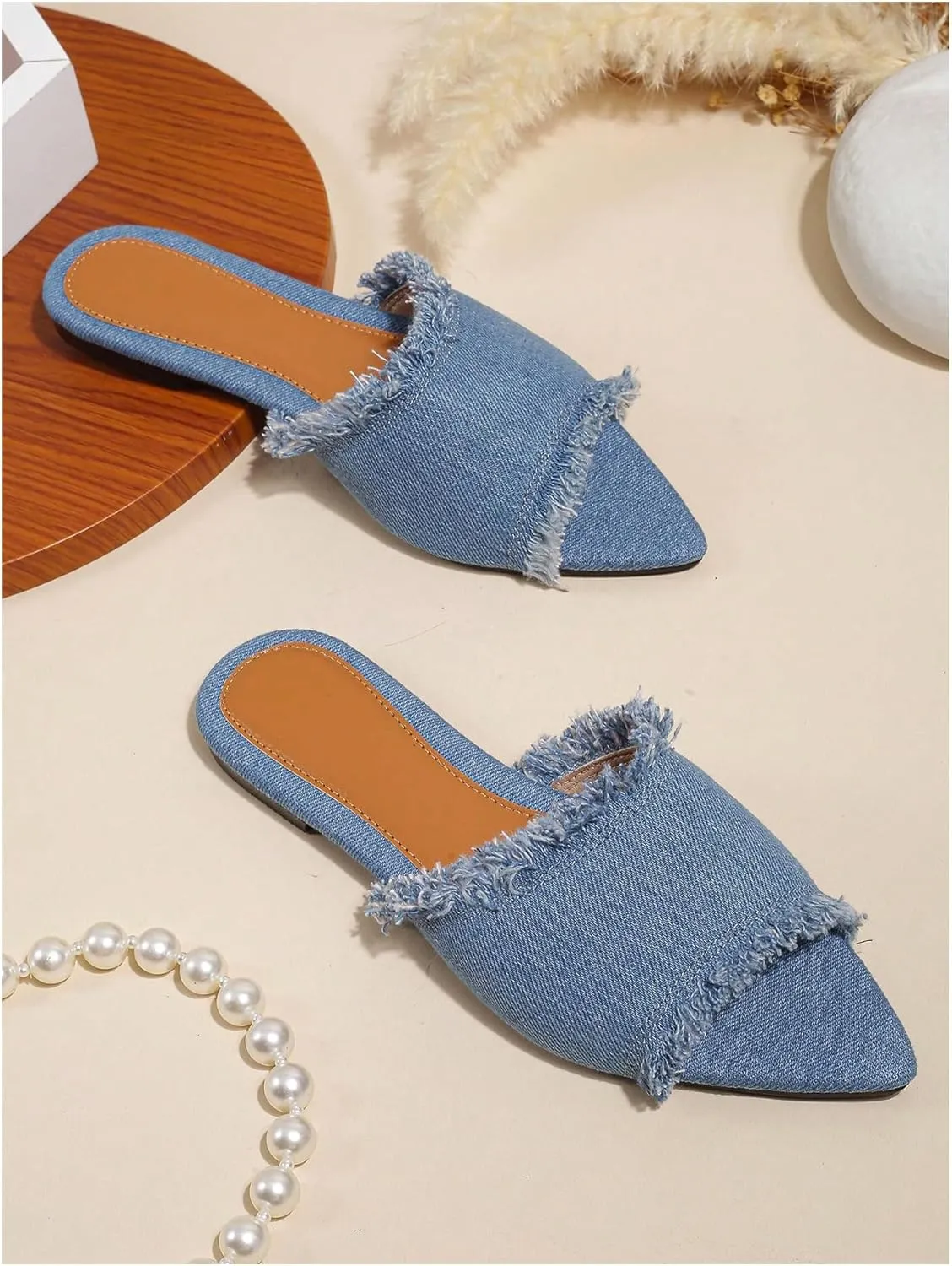 Verdusa Women's Pointed Toe Denim Flat Sandals Open Toess Slip On Summer Flats