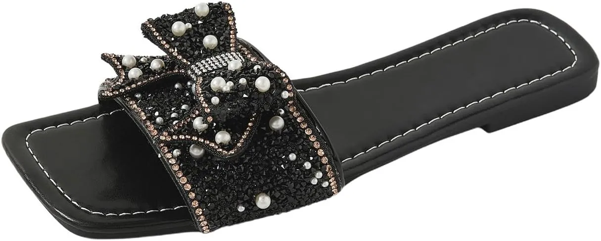 Verdusa Women's Rhinestone peals Bow Leather Flat Sandals Slip on Open Toe Sandals
