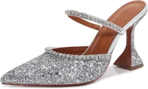 Vertundy Women's Mule Heels Rhinestones Strappy Stiletto Slide Pumps Slip On Sexy High Heels Sandals Closed Pointed Toe Backless Dressy Wedding Party Summer Shoes