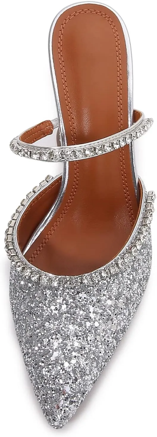 Vertundy Women's Mule Heels Rhinestones Strappy Stiletto Slide Pumps Slip On Sexy High Heels Sandals Closed Pointed Toe Backless Dressy Wedding Party Summer Shoes