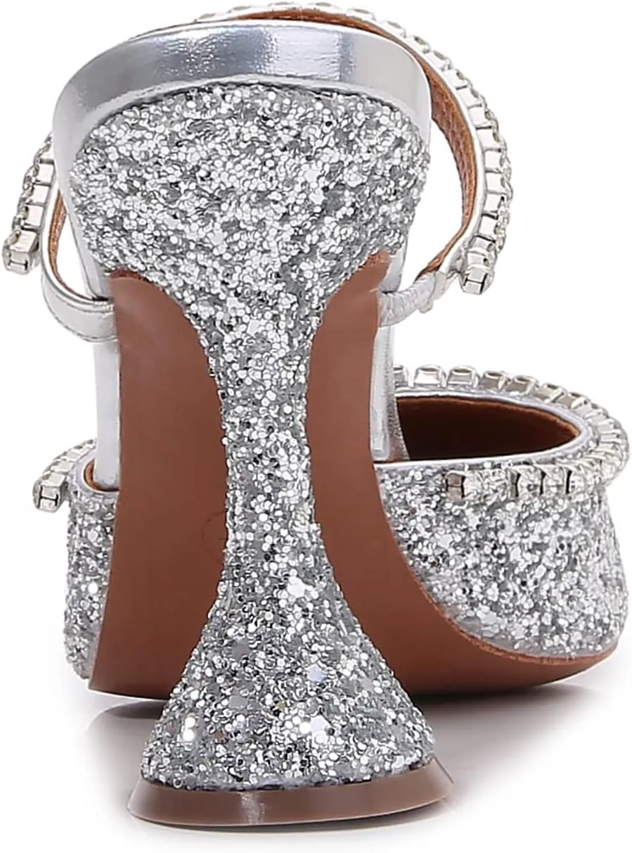 Vertundy Women's Mule Heels Rhinestones Strappy Stiletto Slide Pumps Slip On Sexy High Heels Sandals Closed Pointed Toe Backless Dressy Wedding Party Summer Shoes