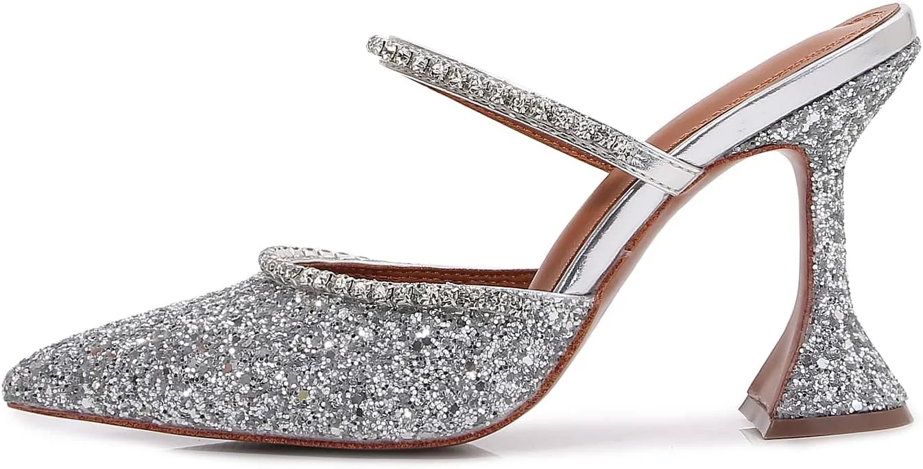 Vertundy Women's Mule Heels Rhinestones Strappy Stiletto Slide Pumps Slip On Sexy High Heels Sandals Closed Pointed Toe Backless Dressy Wedding Party Summer Shoes